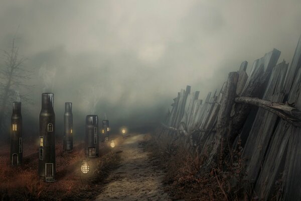 Casquillos en una ciudad abandonada en el camino detrás de la valla