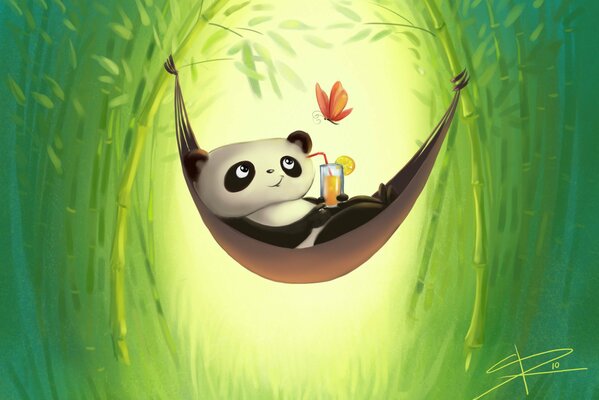 Panda in a hammock with a drink and a butterfly