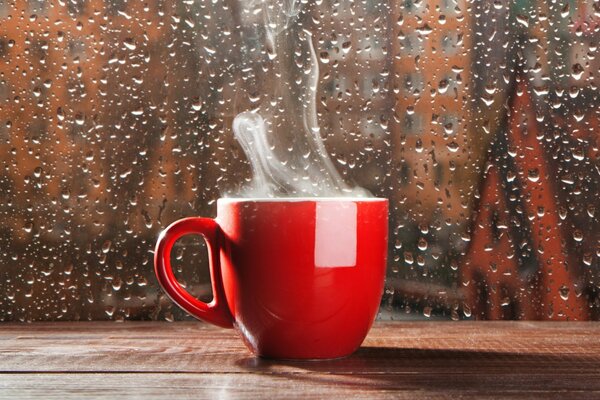 Una taza de café caliente con neblina durante la lluvia