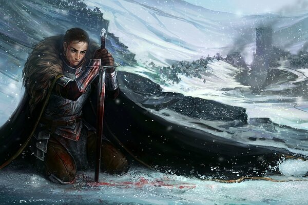 Воин в доспехах и мечом на зимнем фоне