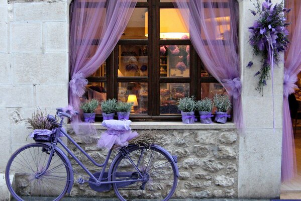 Vélo couleur lavande près de la même couleur de café