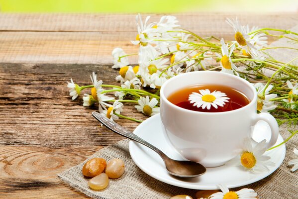 Mug of tea on a saucer with daisies