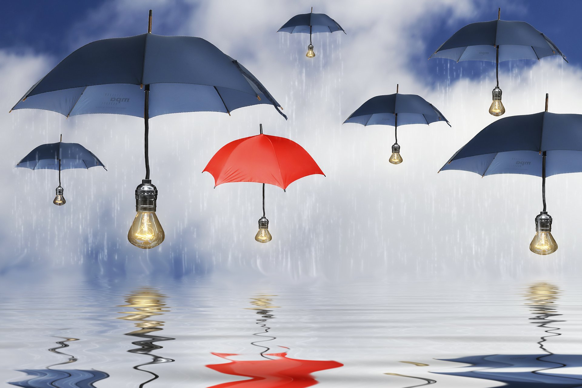 umbrellas umbrellas light bulbs rain water reflection