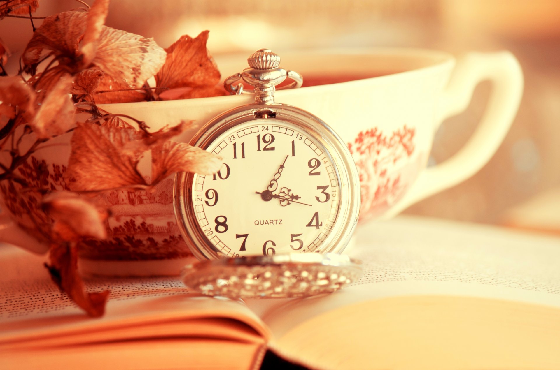 cup leaves clock dial time book watches face