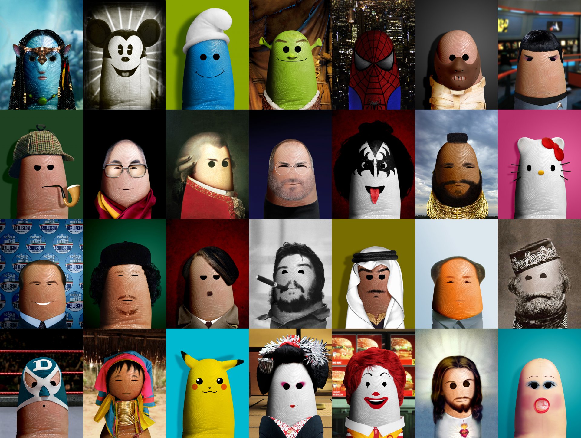 fingers art creative avatar mickey mouse smurfs shrek spiderman hannibal lecter spock sherlock holmes dalai lama mozart steve jobs kiss mr. t hello kitty berlusconi gaddafi hitler che guevara sheikh mao garibaldi wrestling pokemon geisha mcdonald s jesus