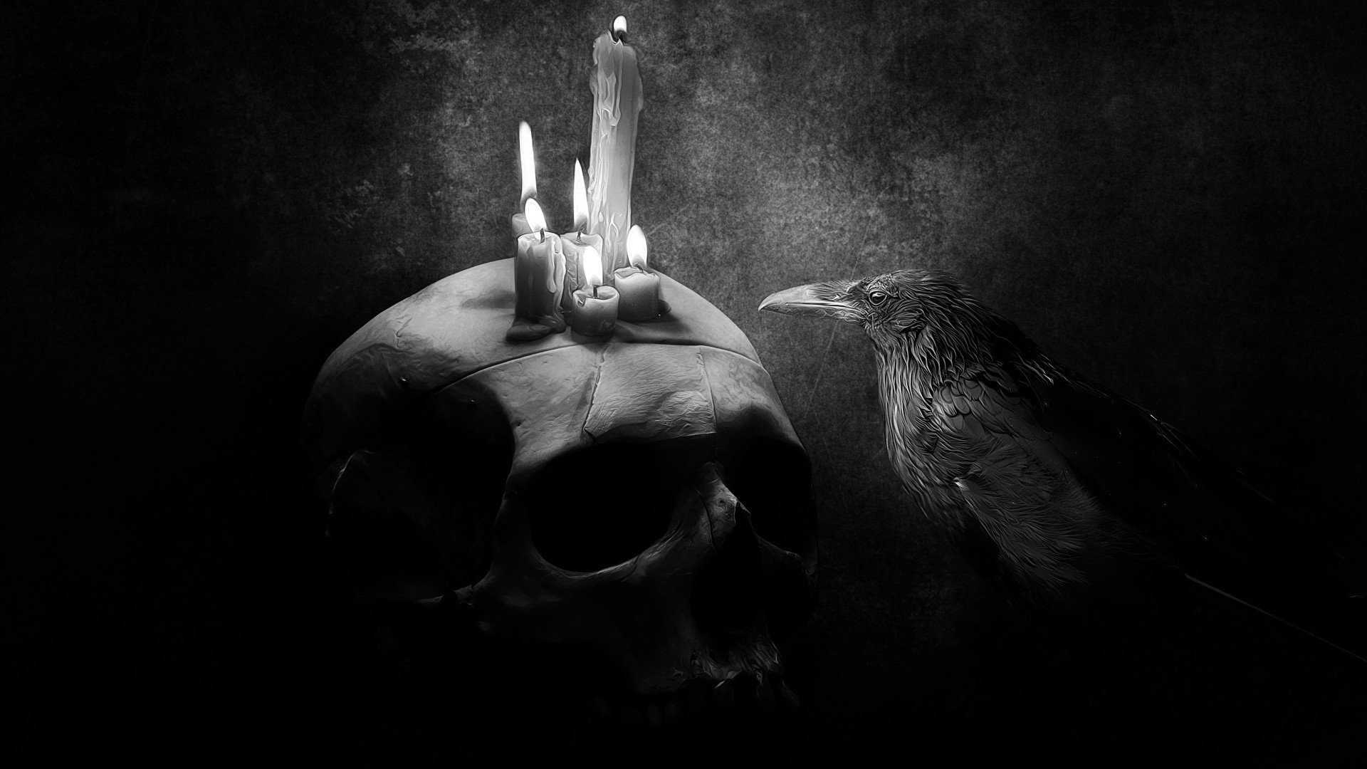 raven skull candles background black and white