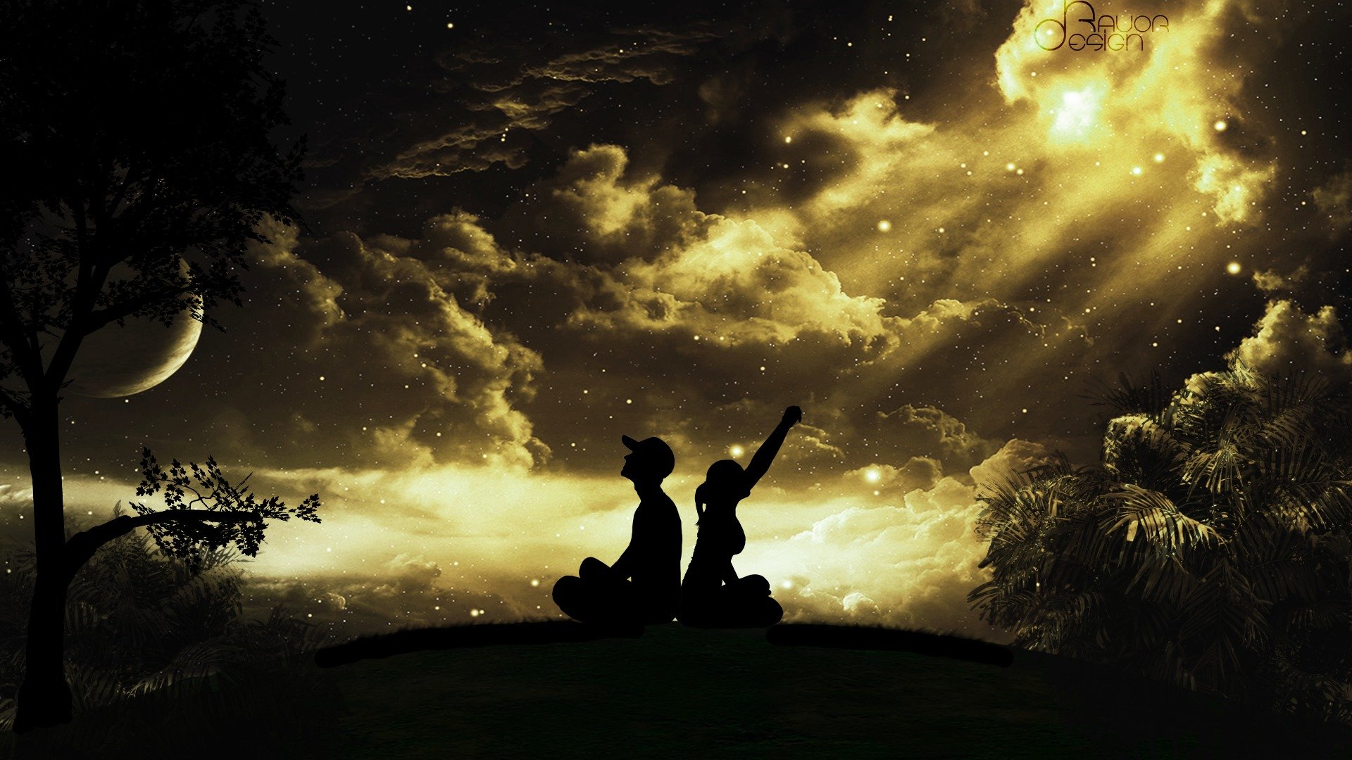 girl guy cap tree silhouettes night sky clouds star moon