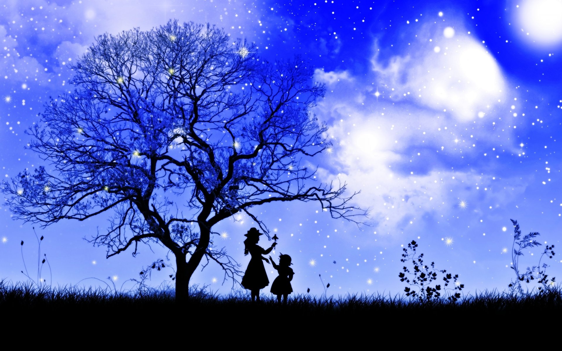 albero rami bambino ragazza erba notte cielo nuvole stelle