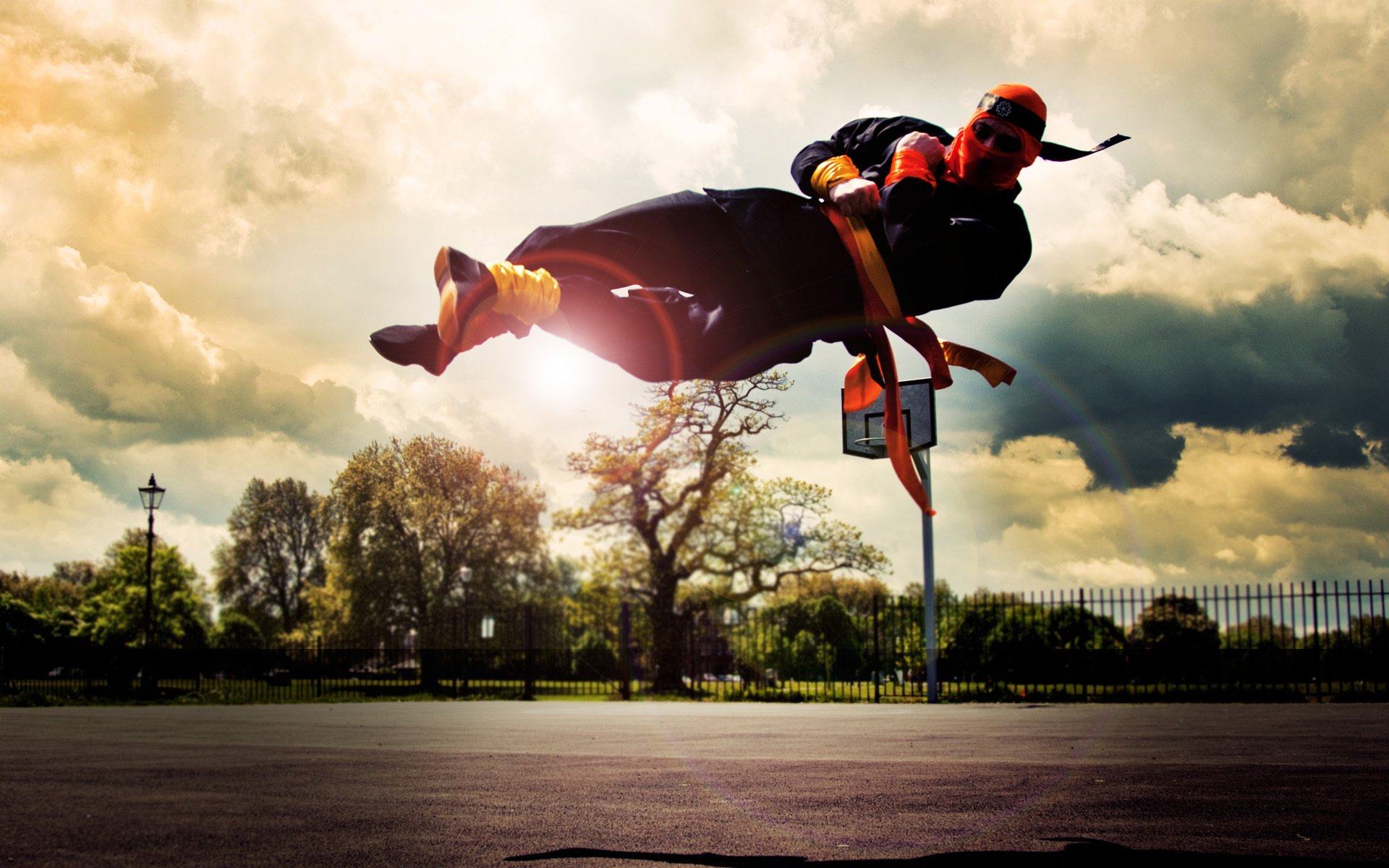 parkour tricking cheating cork street sky fence ring mask ninja rainbow