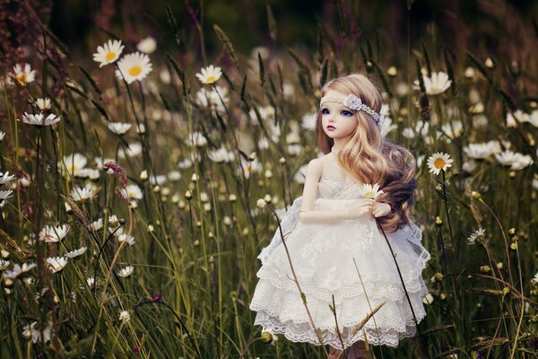 A doll in a white dress and grass