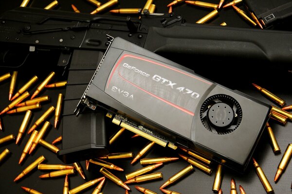 La carte graphique geforce gtx 470 repose sur la machine et les cartouches