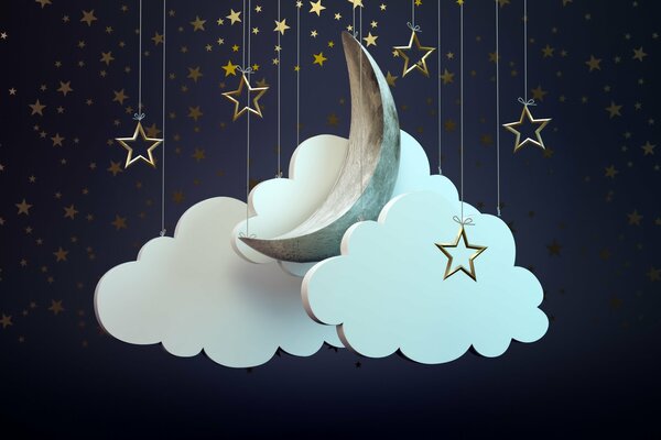 On a blue background with stars, white clouds and the moon