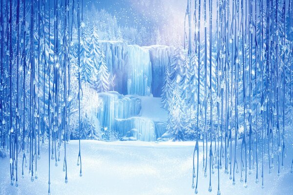 In mezzo a ghiaccioli e fiocchi di neve, un cercatore freddo in un castello di ghiaccio