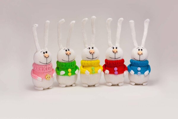 Hares-colorful knitted toys for children