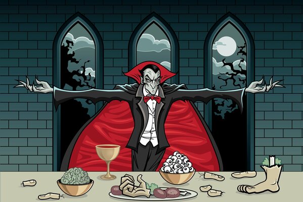 Count Dracula is standing in front of a table on which human body parts are lying