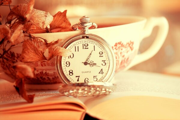 Montre de poche debout sur un livre ouvert