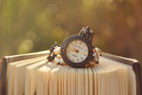 Orologio vintage su una catena, sfondo sfocato