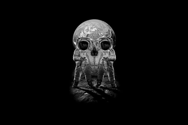 A picture of astronauts standing against a skull and a dark background