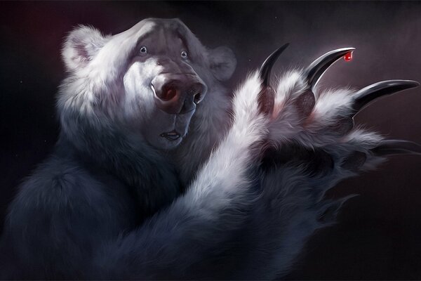 Surprised bear and bloody claws