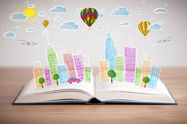 An open book with rainbow city animation