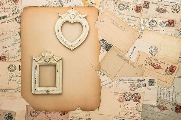 Vintage letters, photo frames, paper