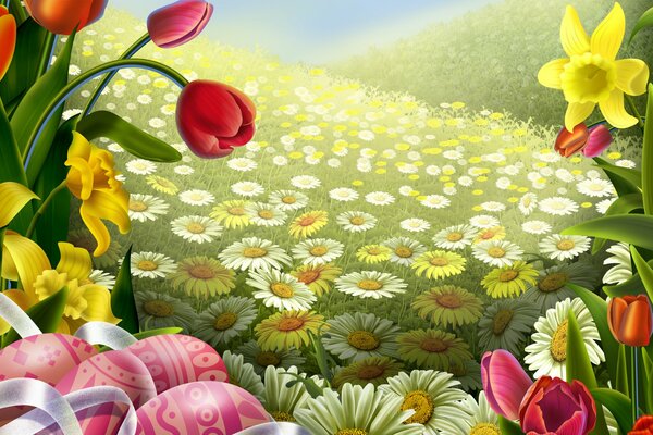 Easter eggs and flower field