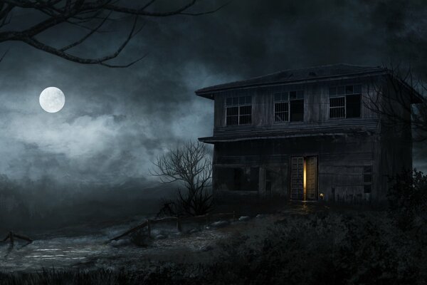 A picture of a haunted house at night