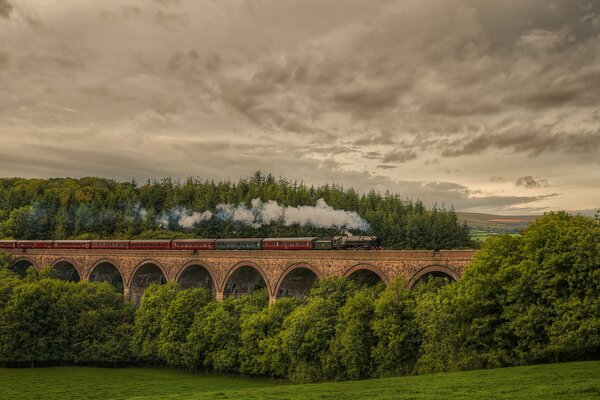 Поезд едет по мосту на фоне природы Англии