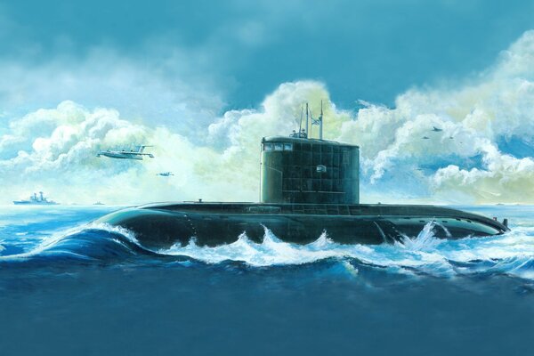 Carabli, submarine, airplane anfibia, sea, painting