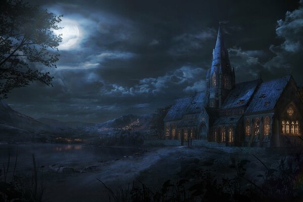 Moonlight falling on the church near the lake