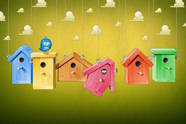 Colorful birdhouses are under the clouds