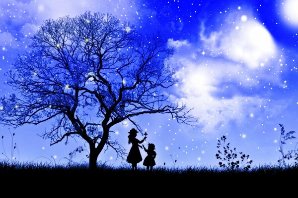 Силуэты детей и дерева на фоне звездного неба