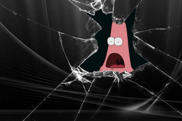 Seestern Patrick von Spongebob späht durch einen kaputten Bildschirm