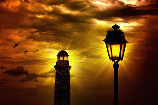 Landscape of a lighthouse and a lantern at sunset