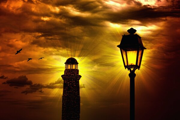 Paisaje de faro y linterna al atardecer