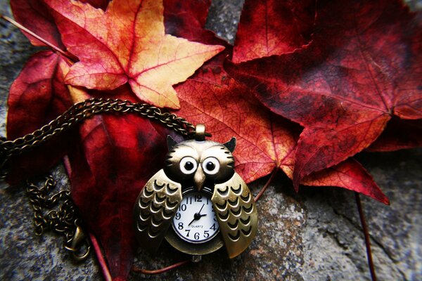 Owl pendant on the background of autumn leaves