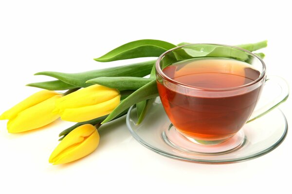 Tea in a glass mug with tulips lying next to it