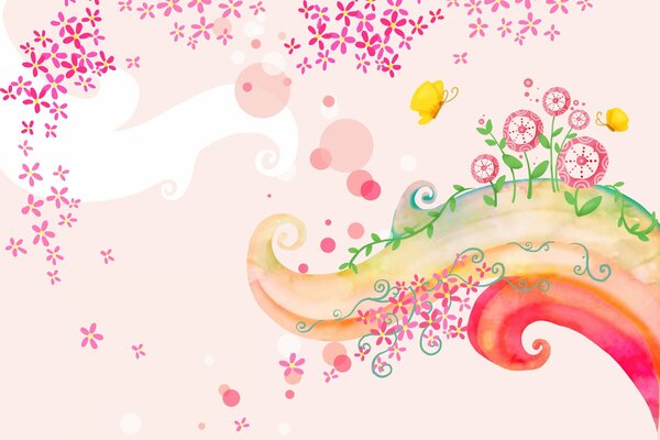 Carta da parati rosa con turbinii di farfalle e fiori