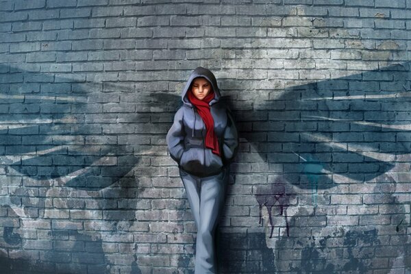 Реалистичная картина девушки с крыльями на фоне стены
