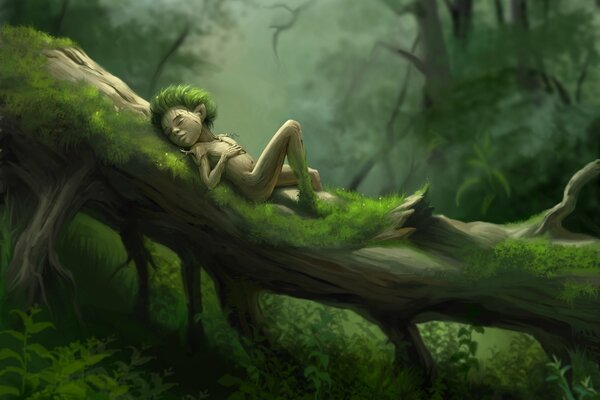Śpiący mieszkaniec lasu otoczony drzewami