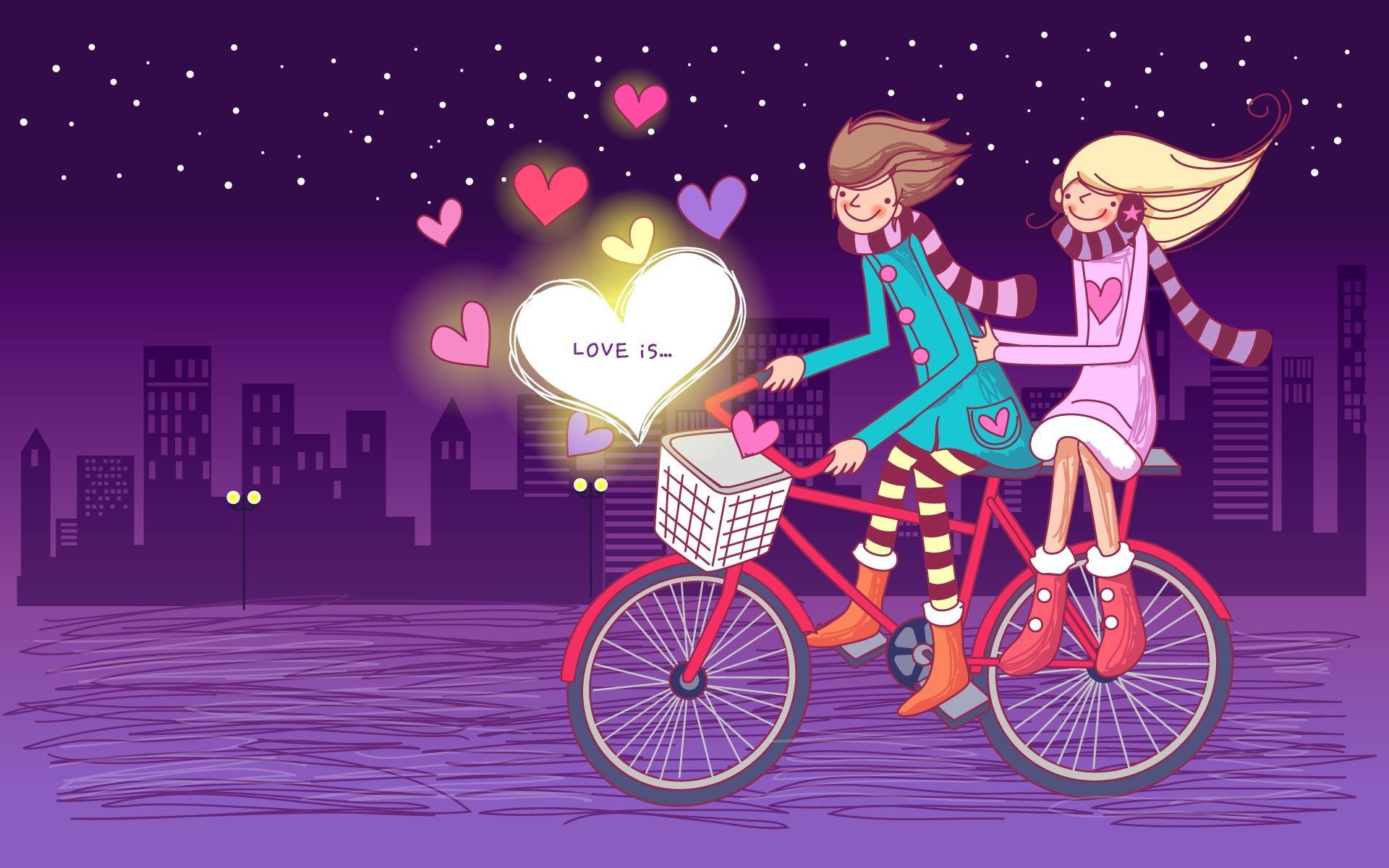 amour vélo amoureux nuit étoiles coeurs