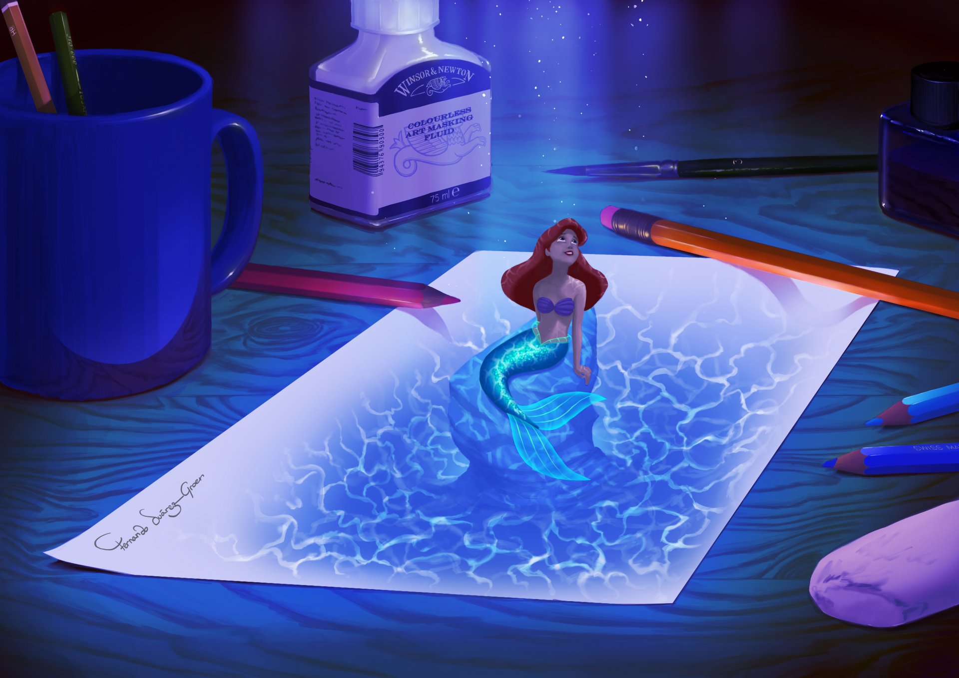 fan art digital art drawings movies&tv mermaid ariel picture paper office desk crayons ink feather mug fanart