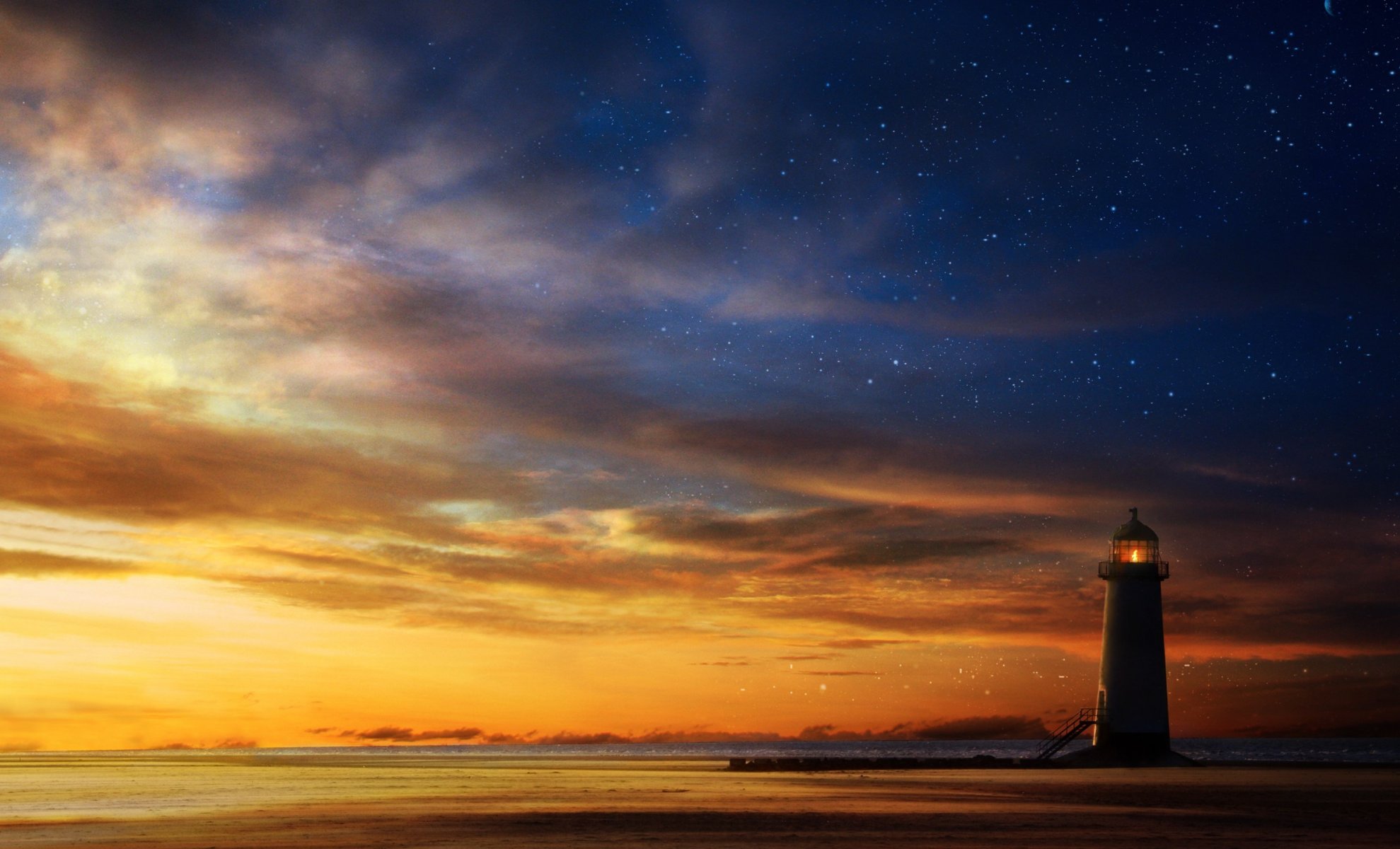 art sea sunset lighthouse sky star