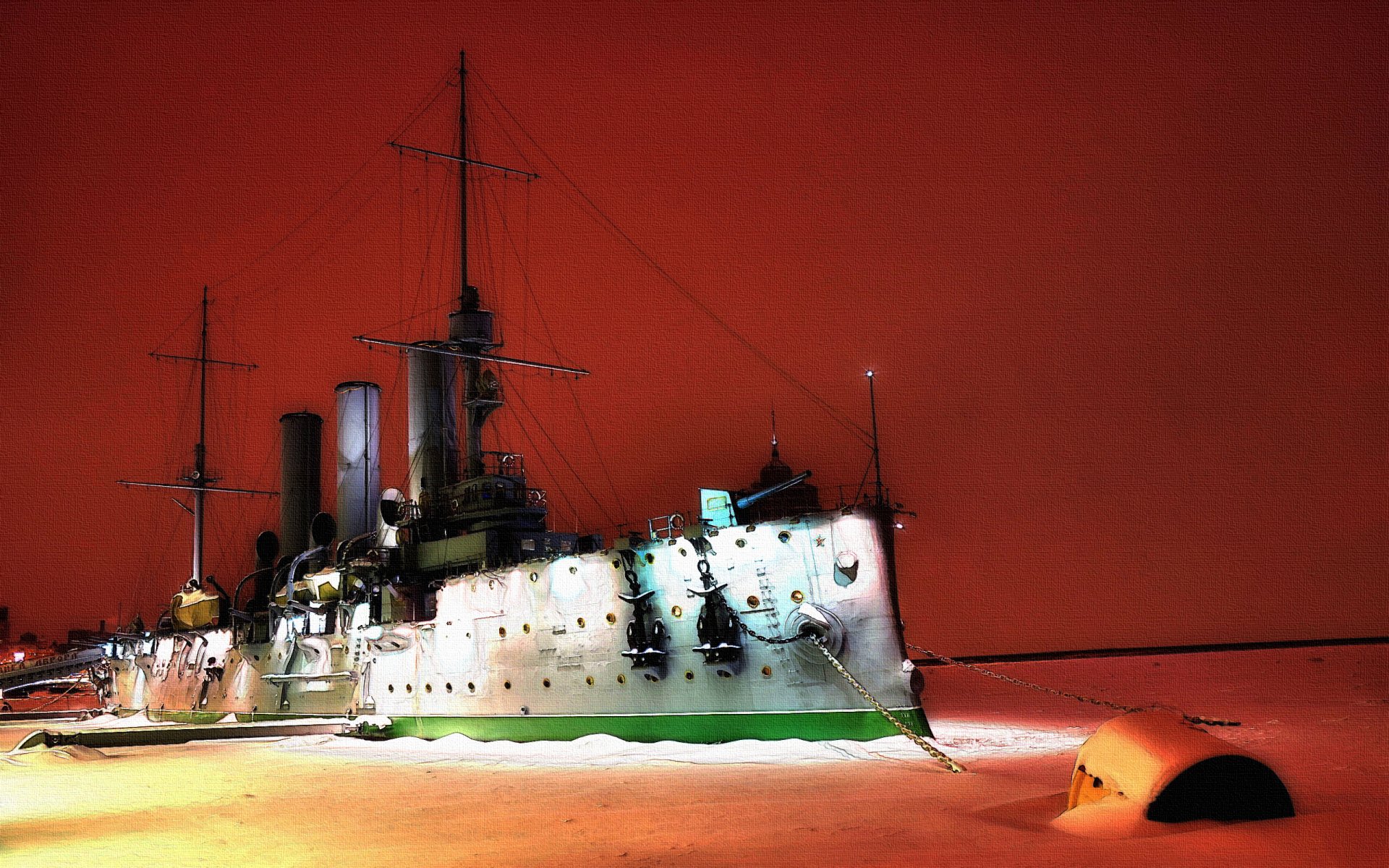 croiseur blindé aurora croiseur navire militaire rivière glace hiver nuit