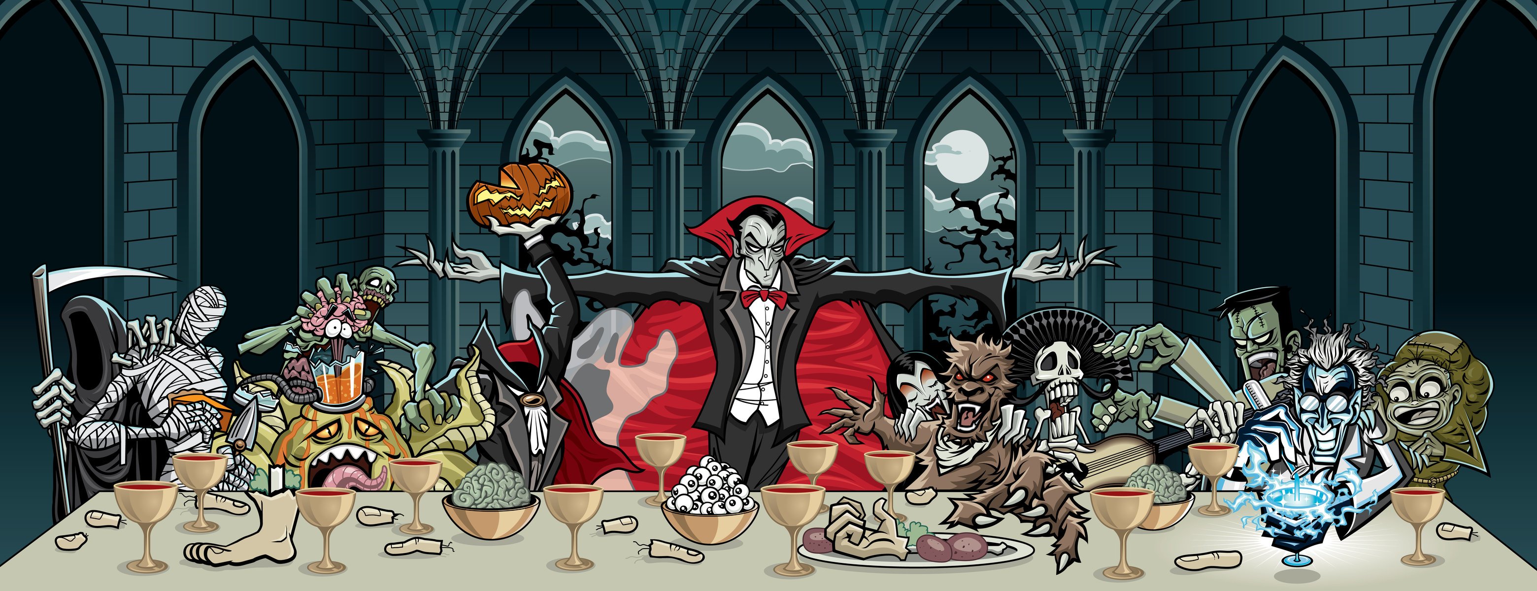 windows arches moon clouds trees feast dinner monsters dracula vampire cloak pumpkin frankenstein skeleton monsters death scythe feast leg brains plates eyes fingers glasses blood