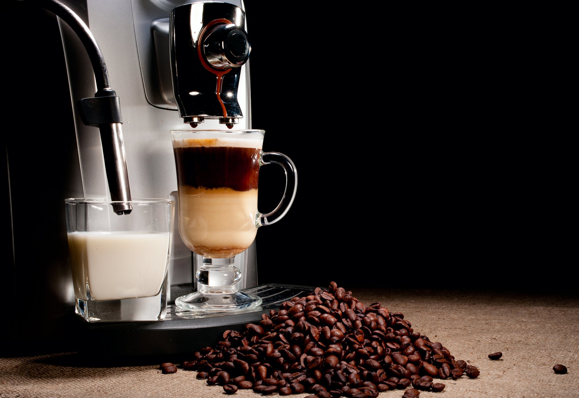 coffee milk drink glass grains coffee machine