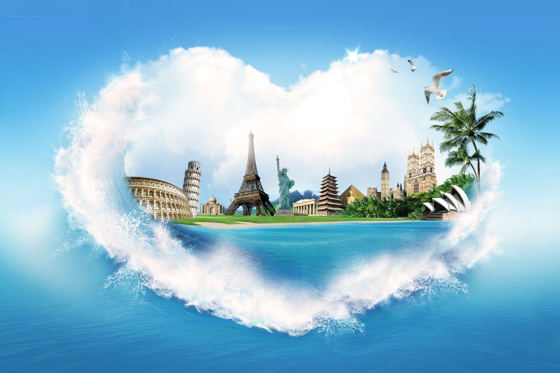 heart creative water spray sea palm beach gulls eiffel tower statue of liberty coliseum pyramid palace