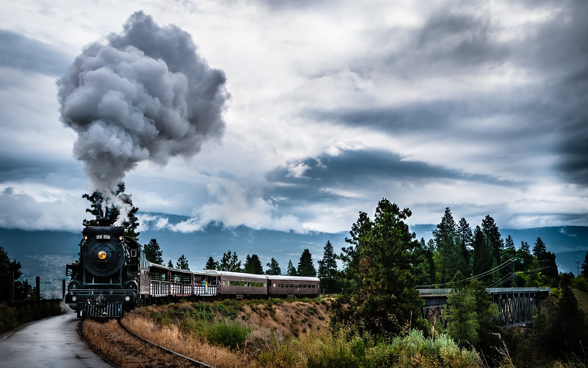 team engine train smoke nature british columbia canada