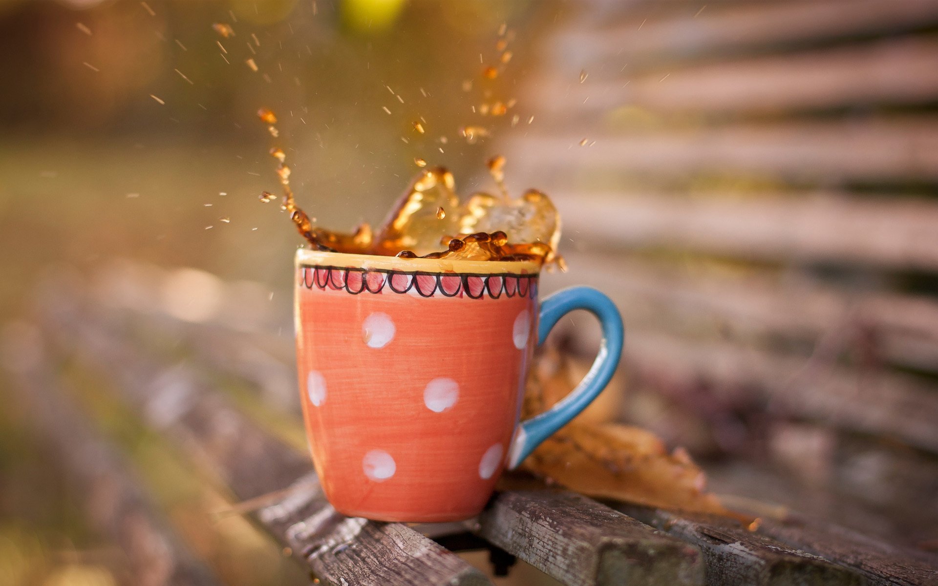 taza té salpicaduras gotas tablas banco