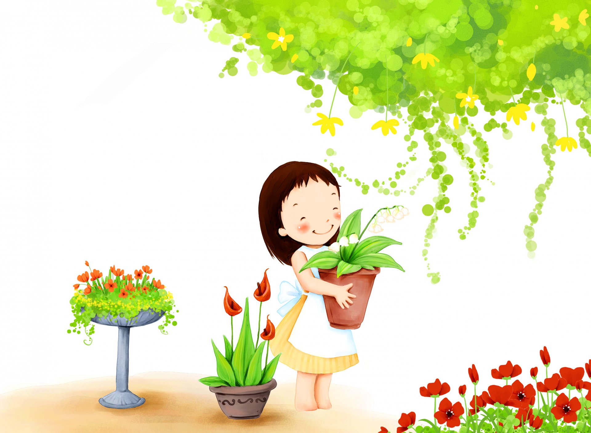 children s wallpaper girl smile foliage flower pots garden